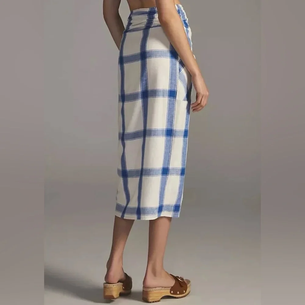 Maeve plaid wrap linen skirt Anthropologie asymmetric button, pockets 12 - Picture 4 of 5